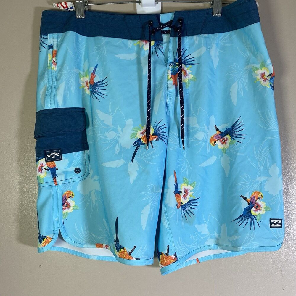 Billabong Board Shorts Mens 36 Multicolor Tropical Palm Birds Drawstring Beach